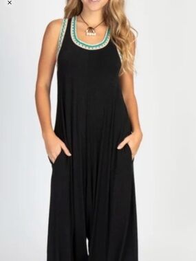NATURAL LIFE Black Maxi Dress with Teal & Cream Neck Trim